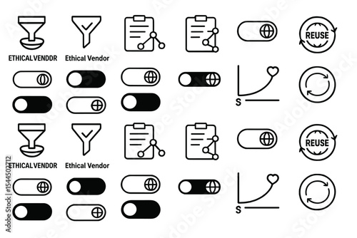 Set of icons for ethical vendors and sustainable business practices, featuring filters, data tracking, and reuse options.