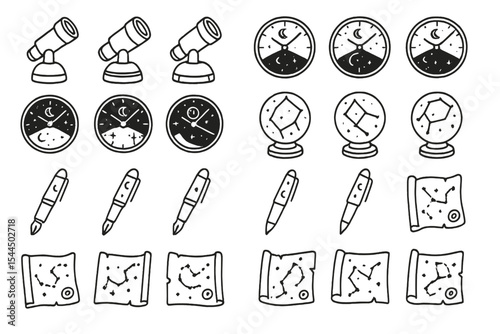 Hand-drawn astronomy icons set featuring telescopes, star maps, constellation globes, and celestial pens