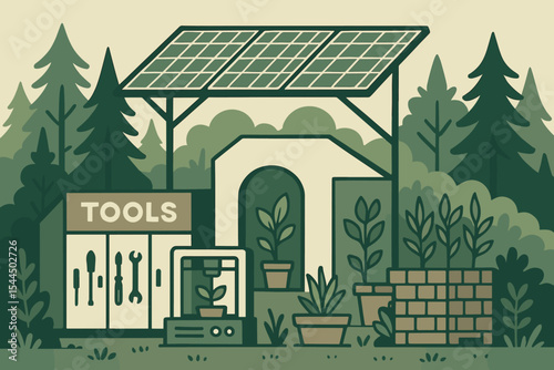 Eco-friendly greenhouse with solar panels, garden tools, and potted plants
