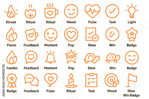 Neon orange-themed icon set for mood tracking, rituals, rewards, and tasks