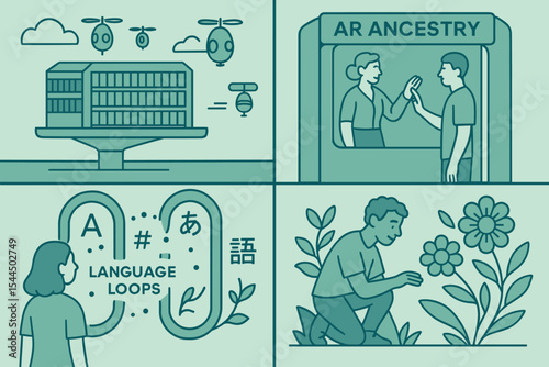 Futuristic archive concept with drones, AR ancestry, language loops, and storytelling blooms