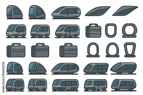 Set of futuristic vehicle and transport pod icons with sleek designs
