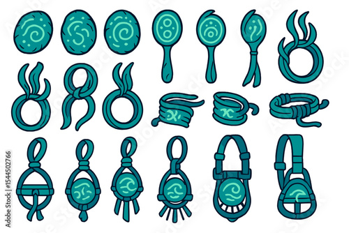 Fantasy icons of magical emblems, rings, amulets, and enchanted accessories