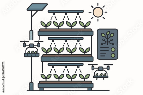 Smart vertical farm with solar power, drones, and automated irrigation