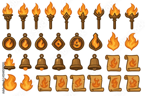 Torch, medallion and bell flame icons for fantasy game UI