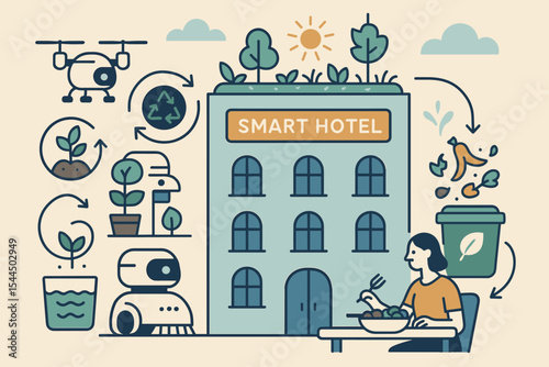 Eco smart hotel with rooftop garden, AI robots, and compost system