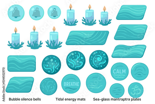Serene wellness icons with candles, mats, and mantra plates in teal