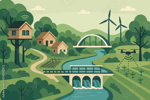 Sustainable village with hydro power, wind turbines, and smart farming