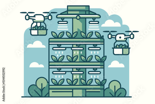 Automated drones tending vertical farm with smart irrigation