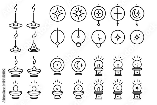 Set of 16 mystical and spiritual icons featuring celestial symbols, incense, crystal balls, and cosmic elements like stars, moons, and energy orbs.