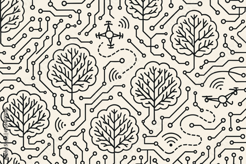 A seamless pattern combining digital circuit board designs and tree silhouettes, with drones and wireless signals, illustrating the fusion of nature and technology for smart, sustainable environments.