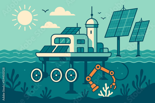 An illustration of a sustainable ocean platform with solar panels, underwater robot, and wind turbines, symbolizing renewable energy and marine technology.