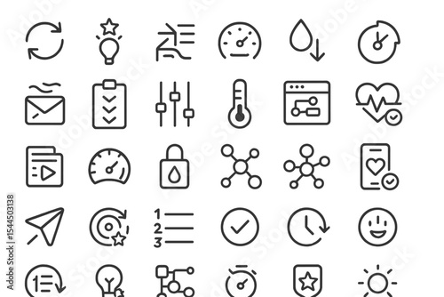 Set of 30 minimal vector icons for creative and productivity tools, including communication, management, and analytics features.