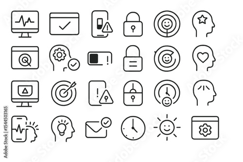 Set of vector icons representing notifications, settings, health, emotions, and system alerts.