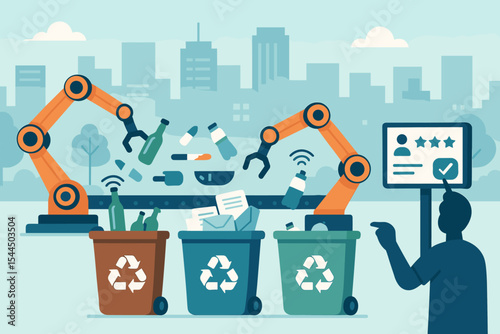Robotic arms sorting waste for recycling in a smart city system
