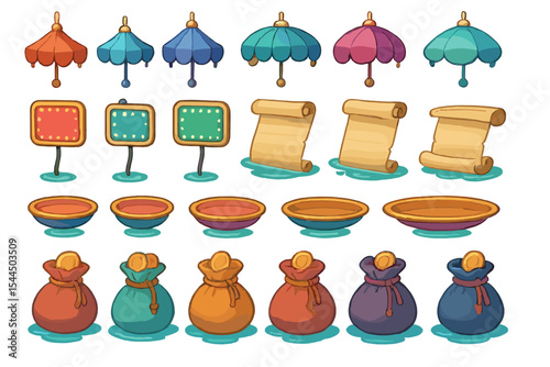 Fantasy vendor icons with scrolls, coin pouches, signs, and canopy tents