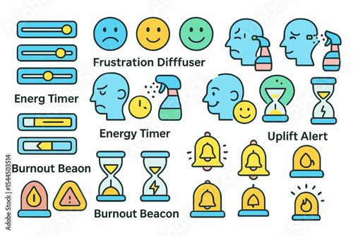 Colorful UI icon set for mood regulation, energy tracking, and alerts