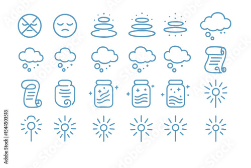 Set of 16 minimalist icons representing mood, thoughts, scrolls, jars, and light sources with a serene, mystical theme.