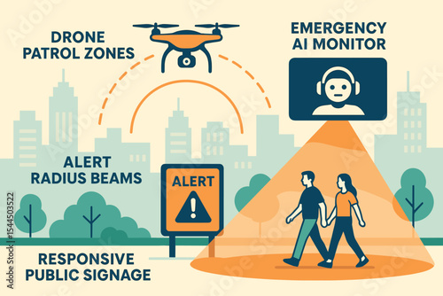 Illustration of a city surveillance system with drones, emergency AI monitoring, and responsive public signage.
