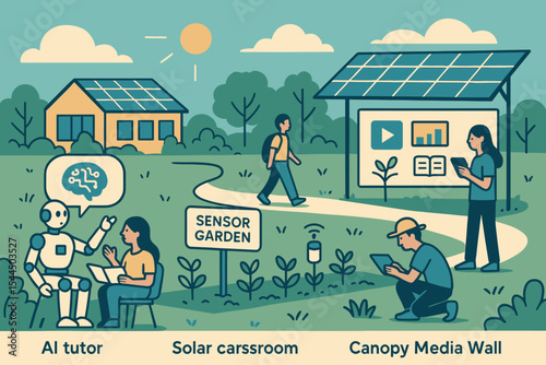Illustration of an eco-friendly campus featuring AI tutors, solar classrooms, and a sensor garden.