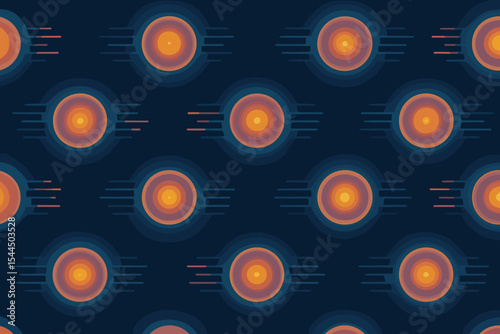 Seamless pattern of glowing orbs with motion blur effects on a dark blue background.