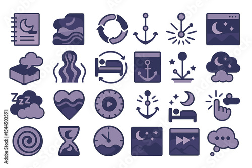 Dark-themed dream and sleep icon set with moons, anchors, and clouds