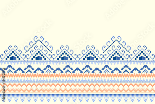 Ikat cross stitch geometric embroidery seamless knitted pattern on damask background. Perfect decorative design for sweater, fabric, decoration, illustration, ornament, texture, textile, interior