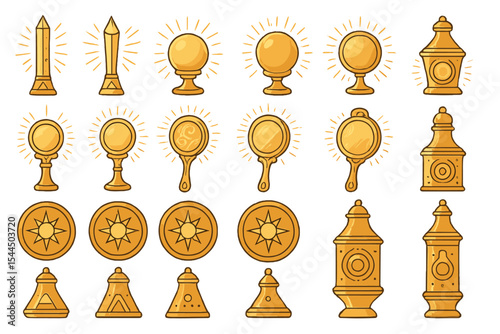 Fantasy gold artifact icons with orbs, mirrors, symbols, and relics