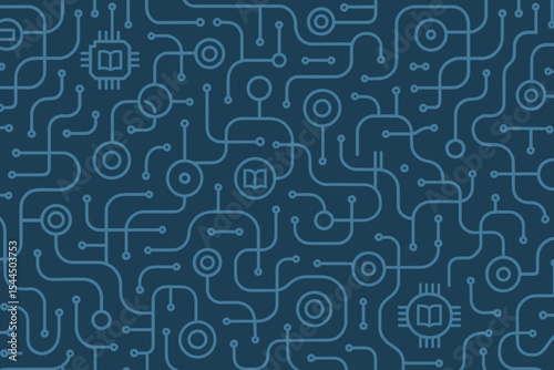 Abstract circuit board design with book and chip icons, symbolizing knowledge and technology.