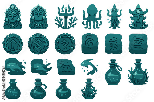 Fantasy underwater relic and potion icon set with marine motifs