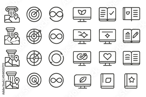 Set of icons for navigation, technology, and educational tools.