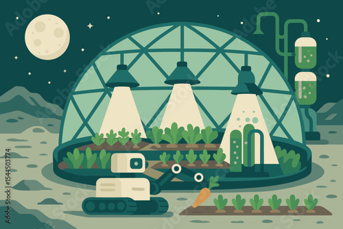 Illustration of a moon-based greenhouse with a robot harvesting vegetables.