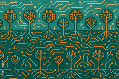 Stylized circuit trees merging technology with organic design