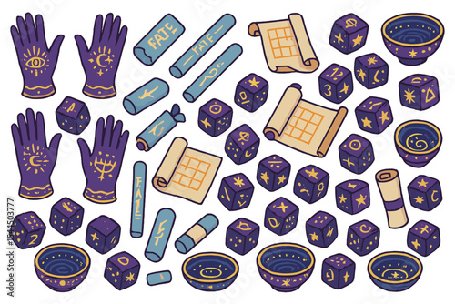 Set of mystical fortune-telling symbols with dice, scrolls, hands, and bowls featuring star, moon, and fate motifs.