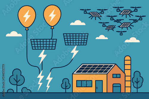 Futuristic solar energy drones and balloons powering a smart home
