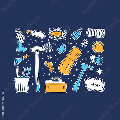 Hand drawn cleaning tools and supplies doodle set with brush pen style illustration of mop, sponge, gloves, spray bottle, bucket, and dusters for cleaning service design