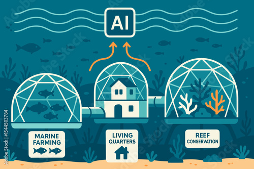 Illustration of AI-powered underwater domes for marine farming, living quarters, and reef conservation.