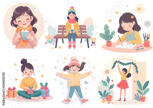 Joyful girls engaging in Christmas activities in a festive illustration Icon Sheet