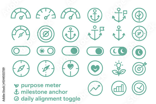 Minimalist purpose and progress icons in glowing green theme