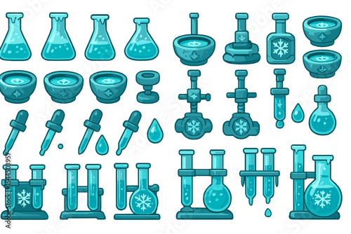 Blue fantasy lab icon set with potions, droppers, and frozen equipment