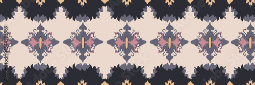 Seamless geometric ikat batik textile pattern with symmetrical floral motifs in dark navy, beige, and muted pink vector design for fabric and digital print