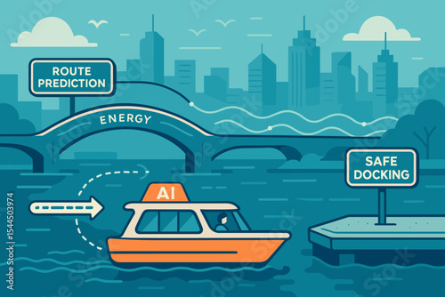 AI water taxi approaching safe docking via route prediction under energy bridge
