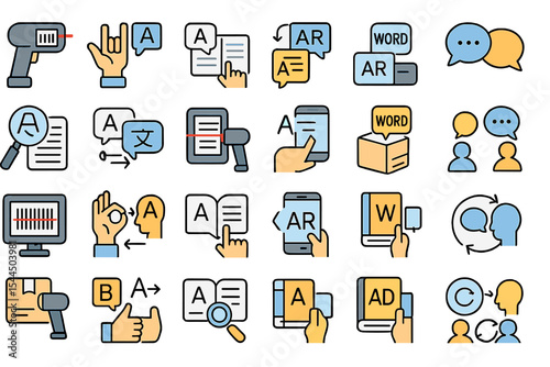 Set of icons representing translation, communication, and accessibility tools.