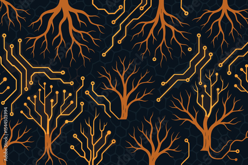 Futuristic tree and circuit board pattern blending nature with digital networks