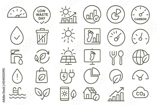 Environmental icon set showing energy, waste, water, and carbon tracking symbols