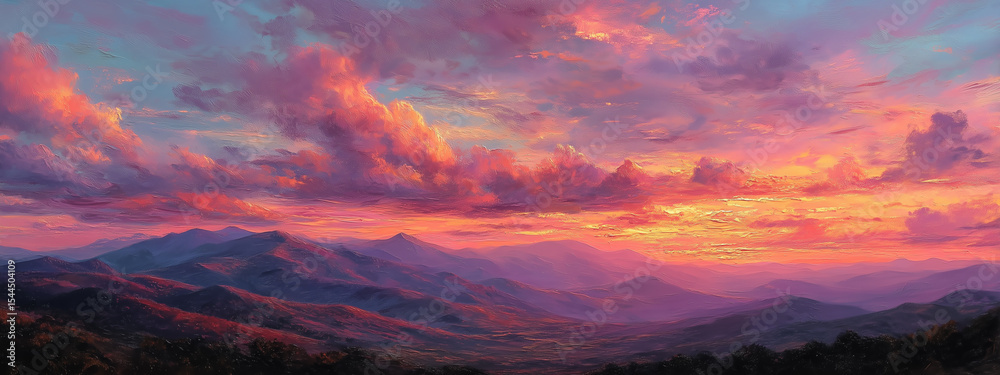 Autumn sunset over mountain range, vibrant red, orange, purple landscape, soft clouds above Autumn sunset over mountain range, vibrant red, orange, purple landscape, soft clouds above