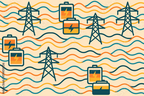 Seamless pattern of power pylons, batteries and energy waves