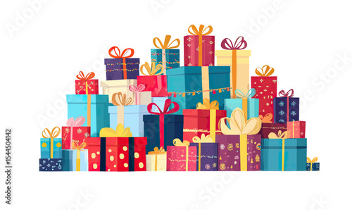 Stack of colorful gift boxes with ribbons and bows in various shapes and sizes festive birthday and holiday present pile flat vector illustration