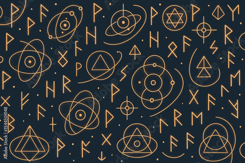 Seamless glowing pattern of runic and alchemical symbols