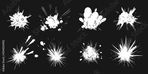 Set of white comic cartoon explosion effects with smoke clouds and motion lines on black background for dynamic burst and impact illustrations